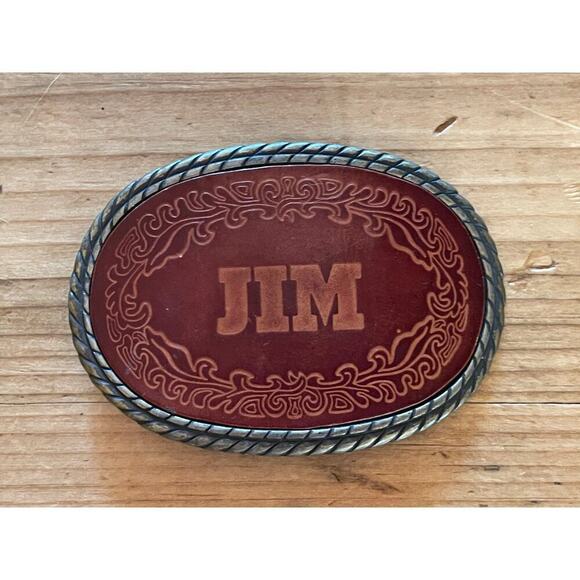 Vintage Brass & Leather Embossed Belt Buckle. "JIM" Oval. - Picture 1 of 3